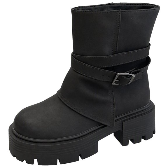 OKBOP Women's Matte Faux Leather Mid-Calf Moto Boots, Crisscross Buckle Strap Pull-On Round Toe Chunky Lug Sole Platform Boots Boots Sizes 35
