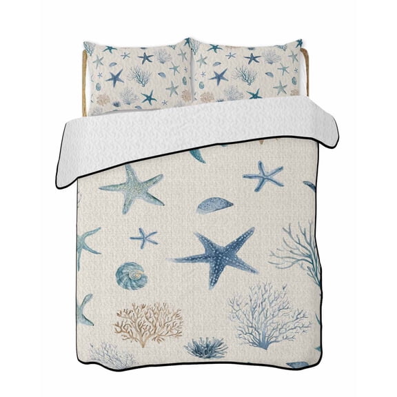 Quilts Twin-XL Size Bedding Set, Blue Starfish Coastal Lightweight Quilted Comforter, Summer Beach Coral Linen Texture Soft Reversible Bedspread Coverlet with Pillow Covers for All Season, 68" x 98"