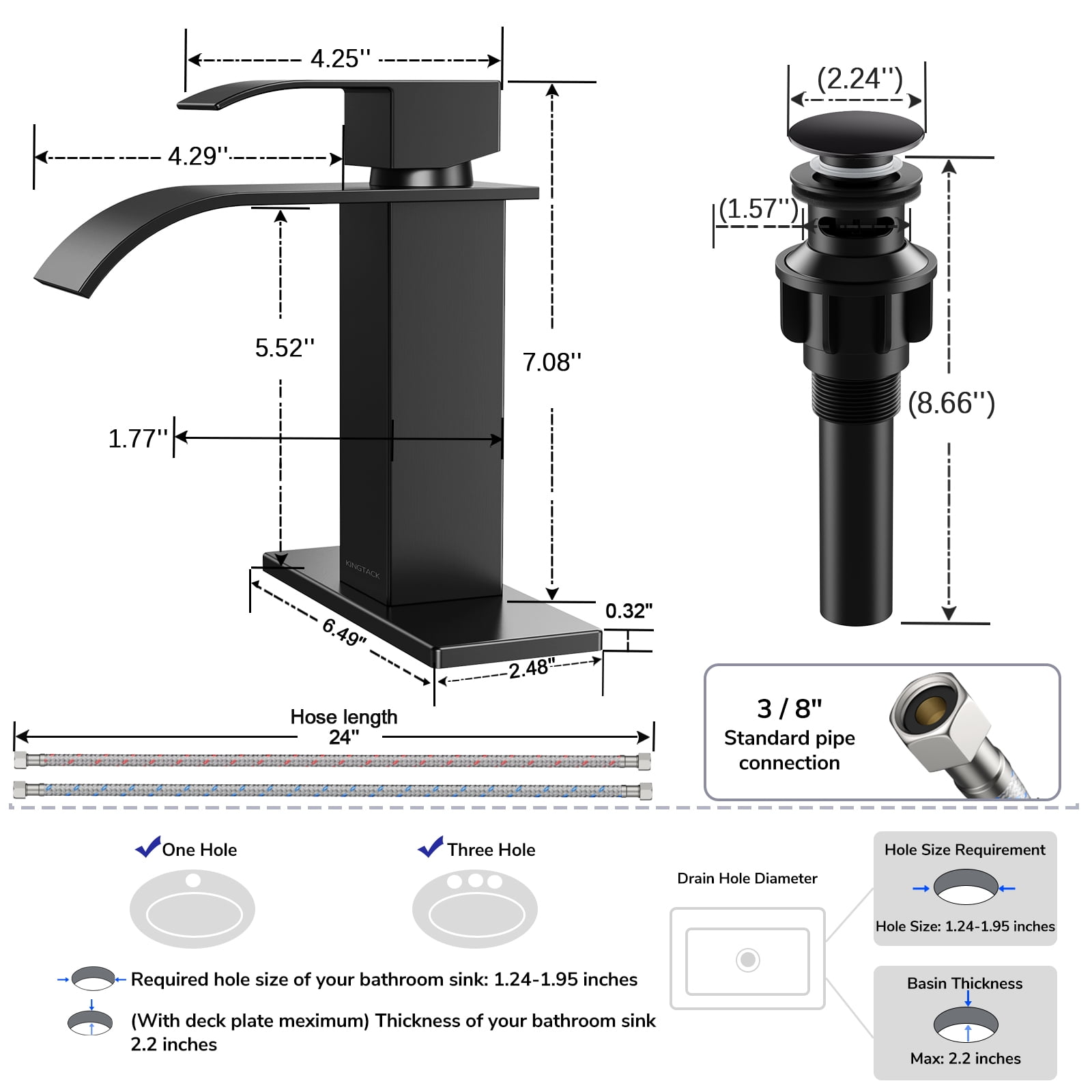KINGTACK Waterfall Bathroom Faucet, Matte Black Bathroom Faucet for 1 or 3 Hole Bathroom Sink Faucet Mixer Tap Washbasin Faucet with Deck, Pop-up Drain and Supply Hoses
