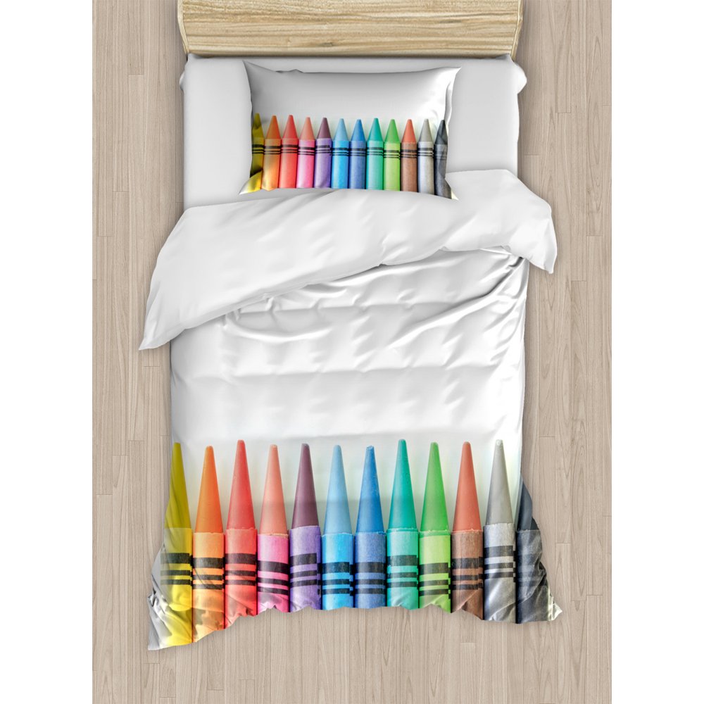 Crayon Duvet Cover Set, Close Up Photo of Various Color Painting Crafts