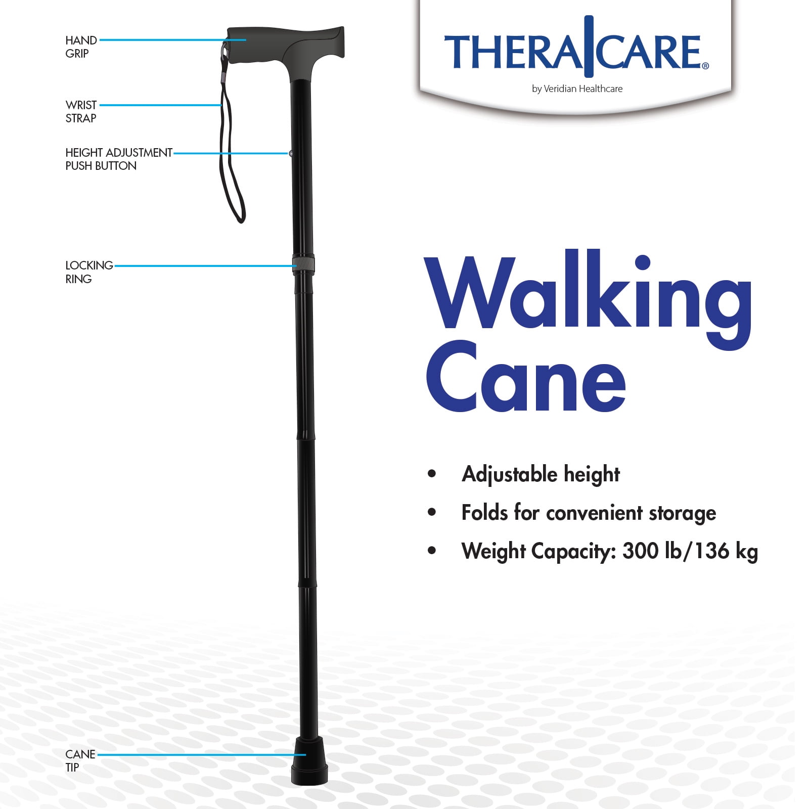 Thera|Care Adjustable Folding Walking Cane | 300 lbs Capacity | Sturdy, Lightweight Aluminum | Pouch