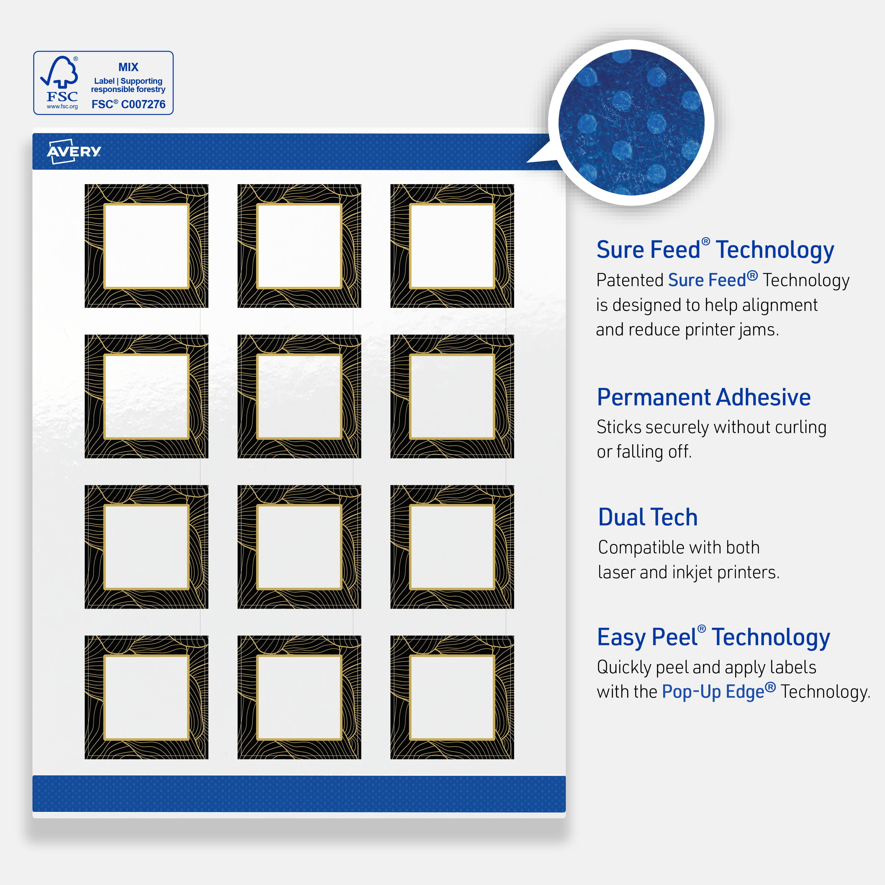 Avery Labels, 2" x 2", Glossy White, Black Border/Gold Veins