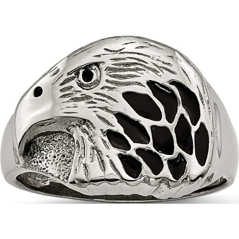 Stainless Steel Polished And Textured Black Enameled Eagle Ring