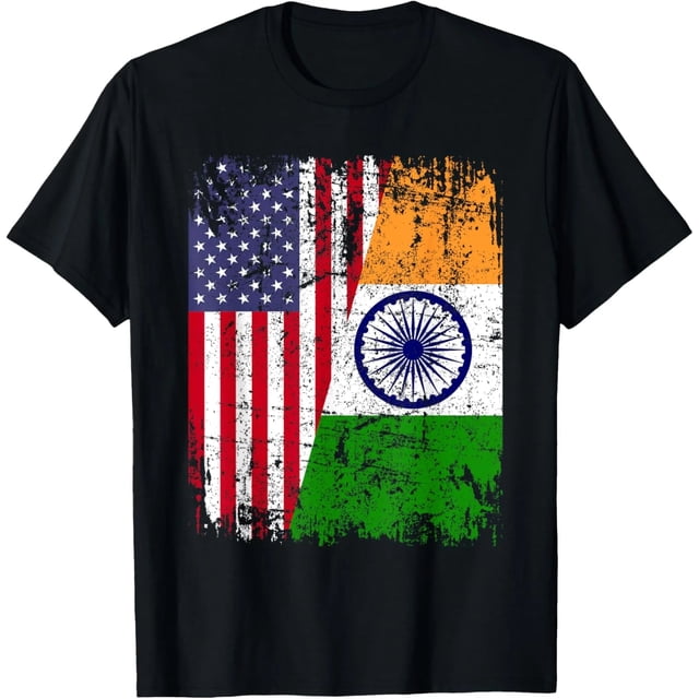 Playera para Mujer de Talla Extra Grande - Diseño Bandera USA India en Negro