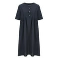 thumbnail image 5 of qILAKOG Summer Dresses 2024 Cotton Linen Button Short Sleeve Crew Neck Working Dress Solid Round Neck Casual Women's Dress Plus Size Mini Dress, Navy&M, 5 of 8