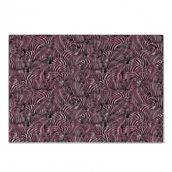Pink Zebra Cutting Board, Bunch of Zebra Forming Contemporary Prehistoric Pattern Illustration, Decorative Tempered Glass Cutting and Serving Board, Small Size, Black Pink Pale Mauve, by Ambesonne