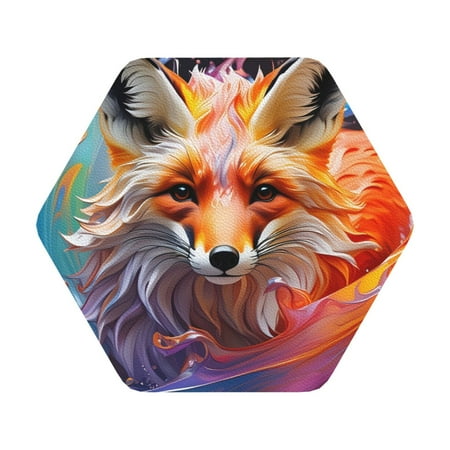 

Pofeuu Color Splash Fox Portrait Print Leather Coasters Set of 6 Round Cups Mugs Mat Pad for Home Kitchen Heat Resistant Drink Coasters Hexagon