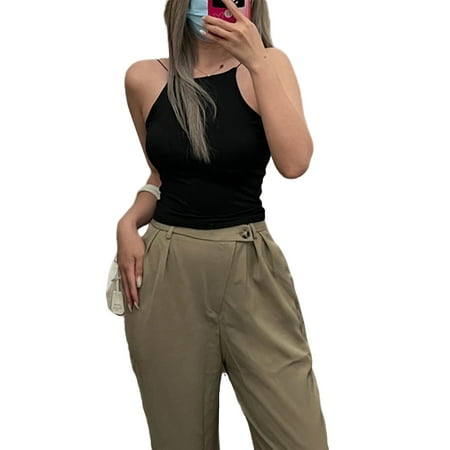 

TOPGOD Women s Spaghetti Strap Camisoles Solid Color High Neck Camisole Casual Backless Cami Tees