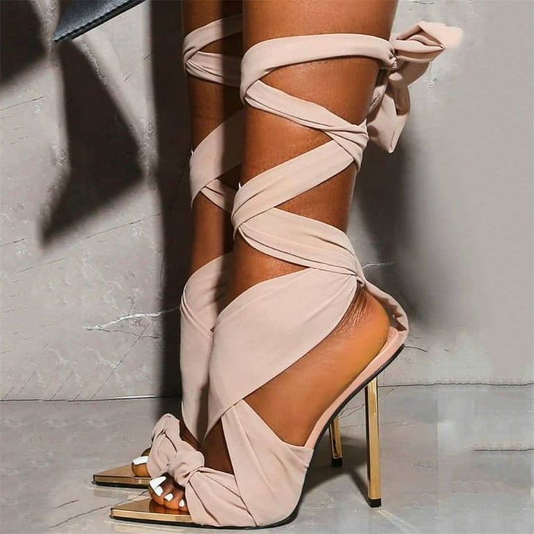 Nude Pu Pointed Strappy Chain High Heels