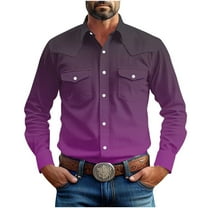 Mens Western Cowboy Shirts Gradient Color Button Up Shirts Long Sleeve Cotton Work Shirts with Two Pockets