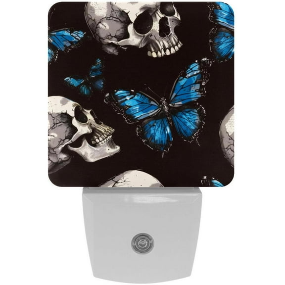 PhooArto Skull Blue Butterfly Pattern Plug in LED Night Light Auto Sensor Dusk to Dawn Decorative Night for Bedroom, Bathroom, Kitchen, Hallway, Stairs, Baby's Room, Energy Saving