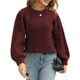 thumbnail image 4 of Chandail Tricoté à Col Rond pour Femmes, Manches Longues, avec Nœud dans le Dos, Rouge Vin, TP, 4 of 10