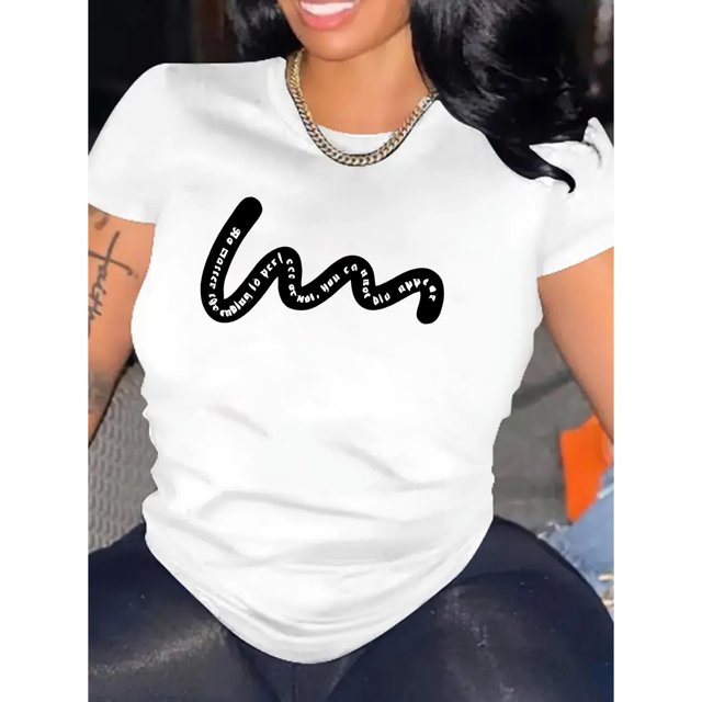 Chic Abstract Letter Print Women's T-Shirt - Casual Crew Neck, Short Sleeve, Stretchy Polyester Blend, Machine Washable - Perfect for Summer & Everyday Fashion