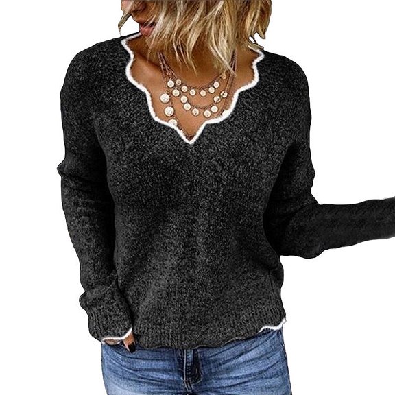 KZKR Women Knitted Sweaters V Neck Pullover Tops Lady Solid Casual Jumper Autumn Winter Female Long Sleeve Sweaters
