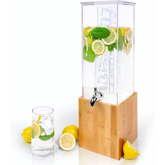 Ksestor Acrylic Drink Dispenser with Ice Core, Bamboo Stand & Steel Spigot – 1.25 Gallon Leak-Proof Beverage Dispenser