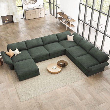 HONBAY 153.4” U-Shaped Corduroy Sectional Sofa Oversized for Living Room Furniture Sets in Green