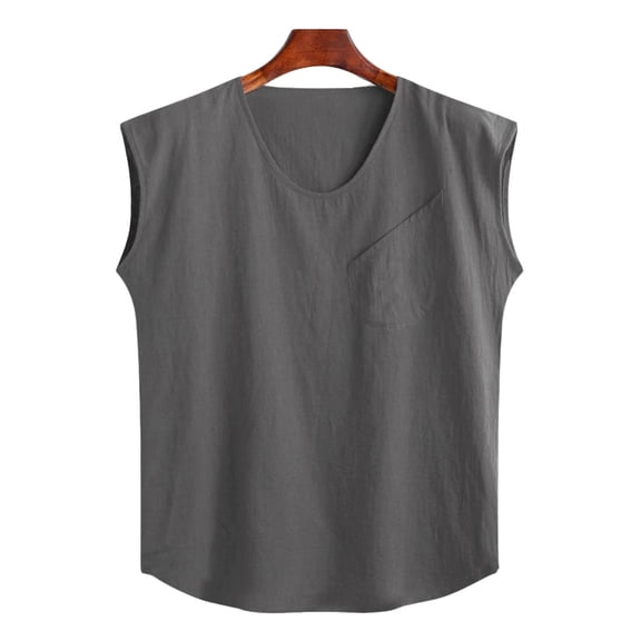 IROINNID Round Neckline Summer Tops For Men Sleeveless Summer Cotton And Linen Pocket Tank Tops Pullover Solid Color Tops