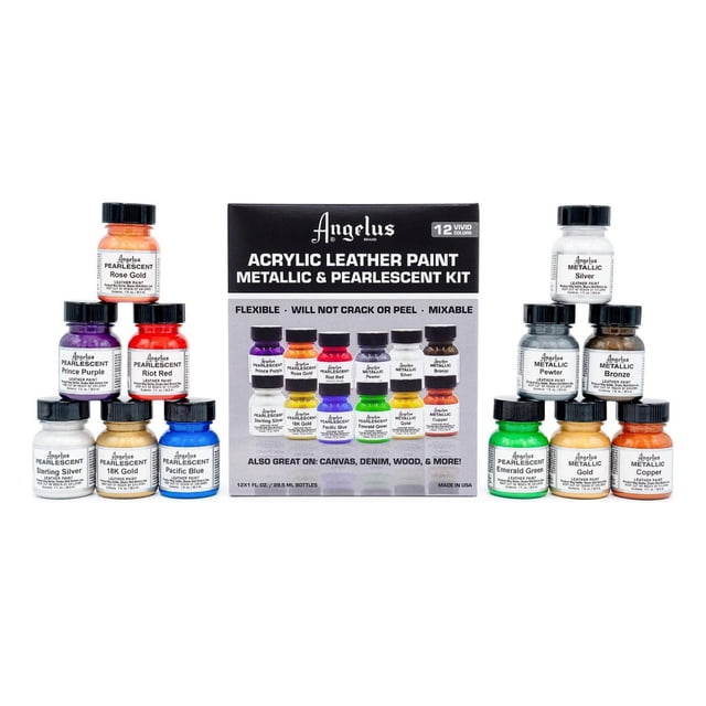 Kit de 12 pinturas Acrílicas Colores Metálicos Angelus negro SIN TAMAÑO
