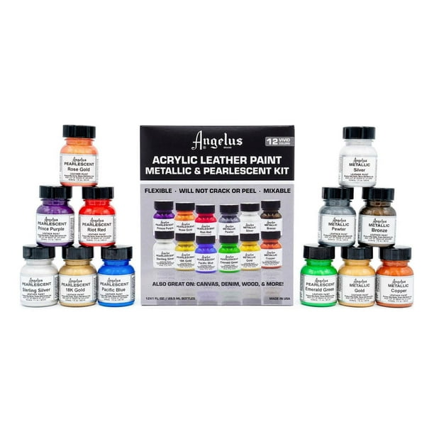 Kit de 12 pinturas Acrílicas Colores Metálicos Angelus negro SIN TAMAÑO
