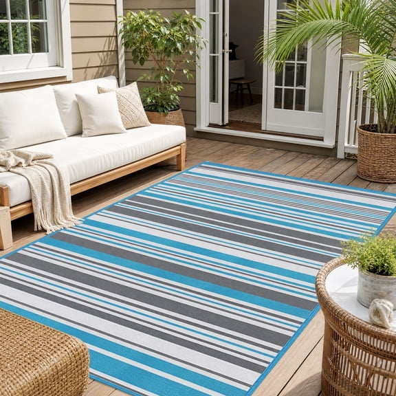 Waterproof Outdoor Rug Fade Resistant Stain Resistant Foldable Striped Patio Mat for Camping Garden RV Balcony 6x4 ft