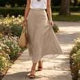 thumbnail image 6 of Busydd Linen Long Skirts for Women Trendy Stretch Solid Color Fall Skirt Casual Elastic Waist Maxi Skirt, 6 of 8