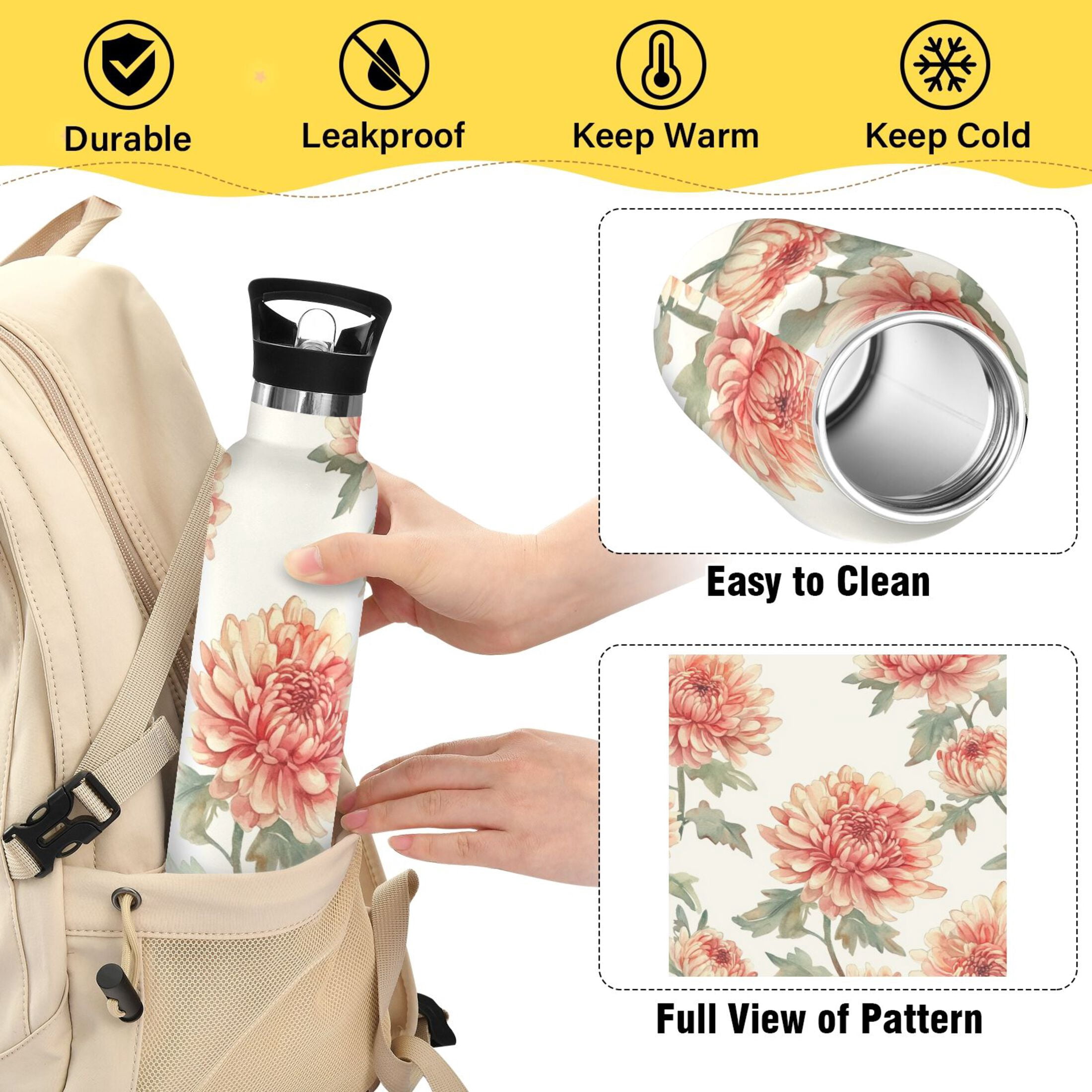 600ML Stainless Steel Insulated Cup Sports Water Bottle Portable Thermos Cup Water Glasses Insulated Tumblers Convenient and Durable Chrysanthemum Orange