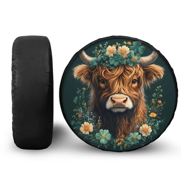 Yuyamidu Highland Cow Spare Tire Cover Green Leaf Wheel Protectors St. Patrick's Day Tough Tire Cover Universal Tyre Covers for RV Camper Travel Trailer SUV Truck