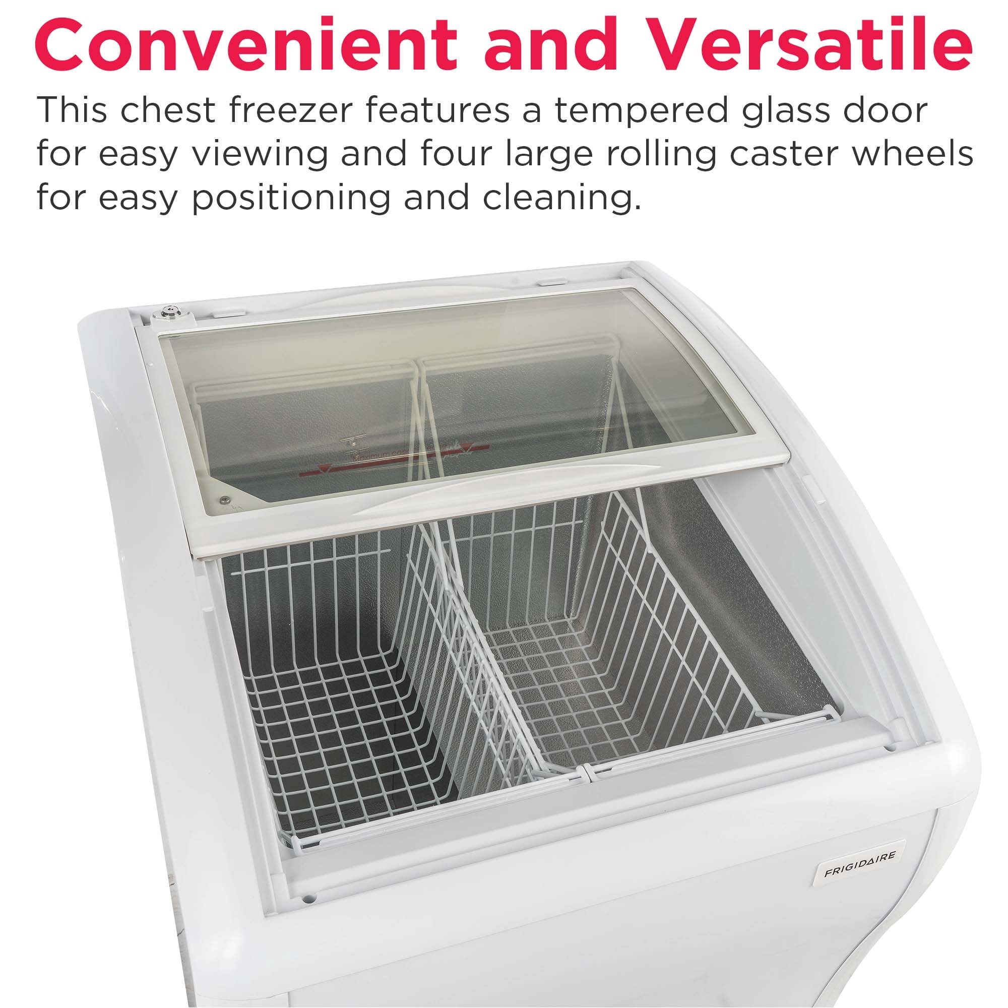 Frigidaire 4 Cu. ft. Curved Glass Top Display Freezer, Convertible 110L Fridge Freezer with Lockable Glass Door and Castor Wheels, White