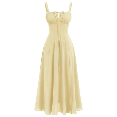IBTOM CASTLE Women Floral Corset Dress Sleeveless Square Neck Spaghetti Straps Dress Boho Holiday Flowy Midi Bustier Sundress L Light Yellow