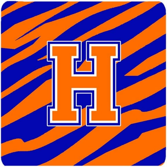 Monogram - Tiger Stripe - Blue Orange Foam Coasters Initial Letter H, Set - 4