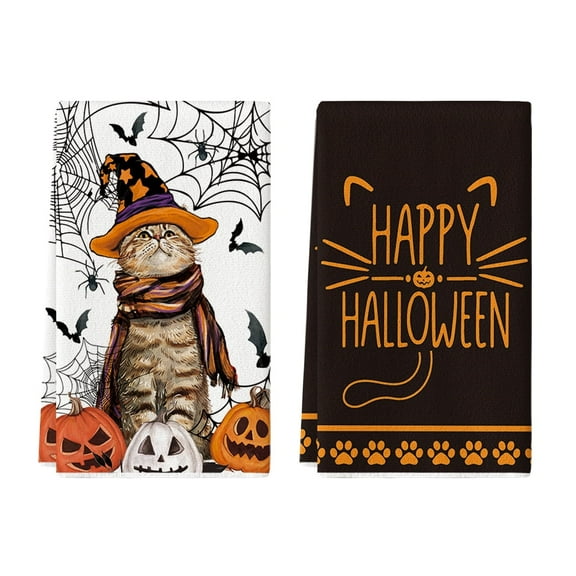 Sm:)e Spider Web Jack-O'-Lantern Pumpkin Pet Cat Happy Halloween Kitchen Dish Towels 18x26 Inch Set of 2