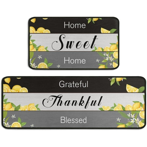 2 Piece Lemon Kitchen Decor Rug Set, Home Kitchen Sink Rugs and Mats Non Skid Washable Absorbent Microfiber Kitchen Floor Carpet 17" x 47" 17" x 30"