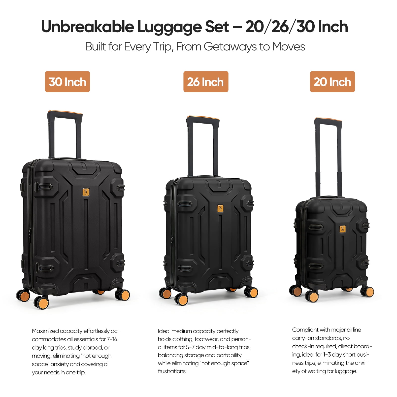 3 Piece ABS Luggage Set with TSA Lock, 20/26/30 Inch Spinner Suitcase for Carry On and Checked Bag, Lightweight Durable Travel Bags for Family Vacation Holiday Travel Back to School and Business Trip