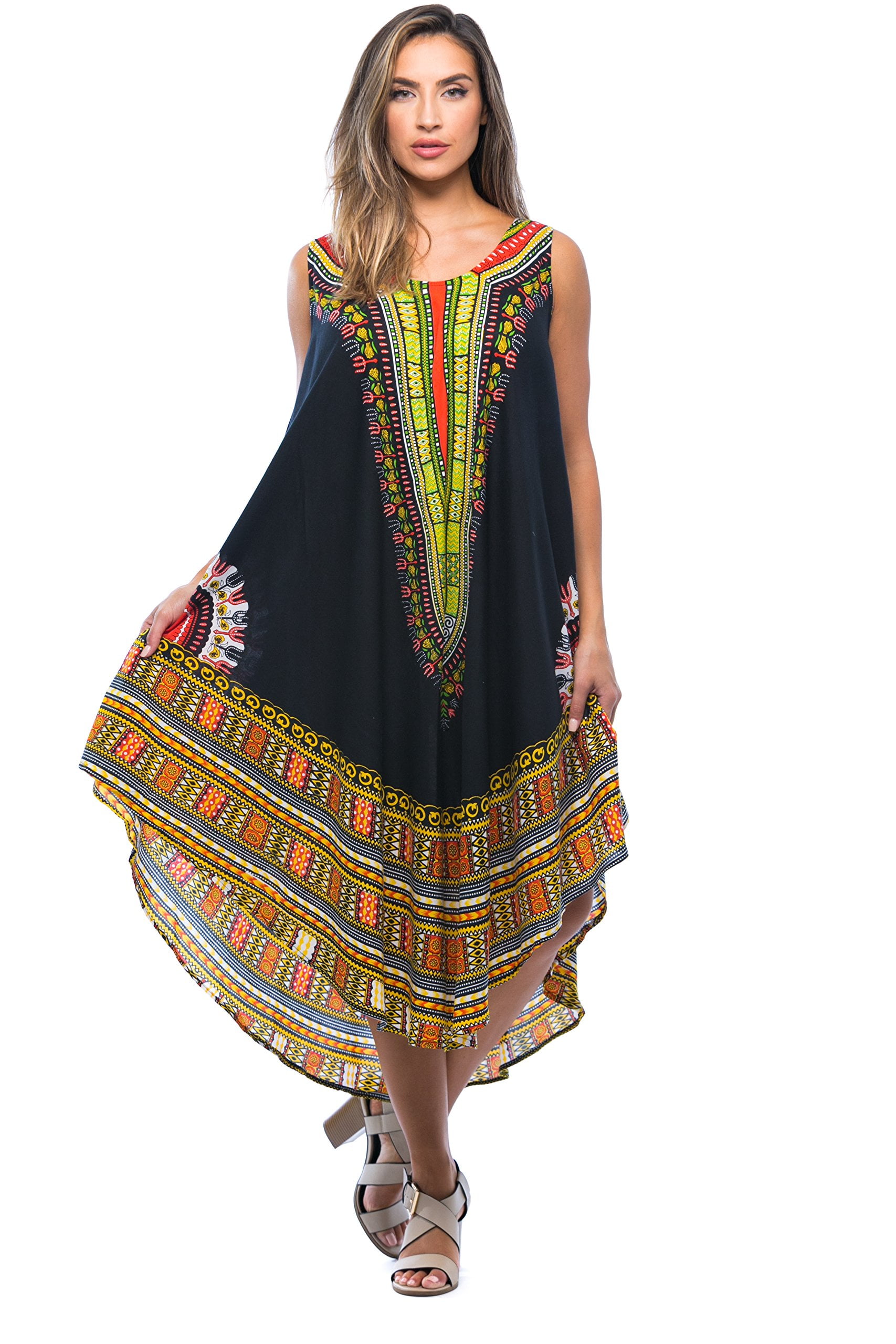 21755-ORG-PS Riviera Sun Dashiki Dress  Dresses for Women (Black, One 