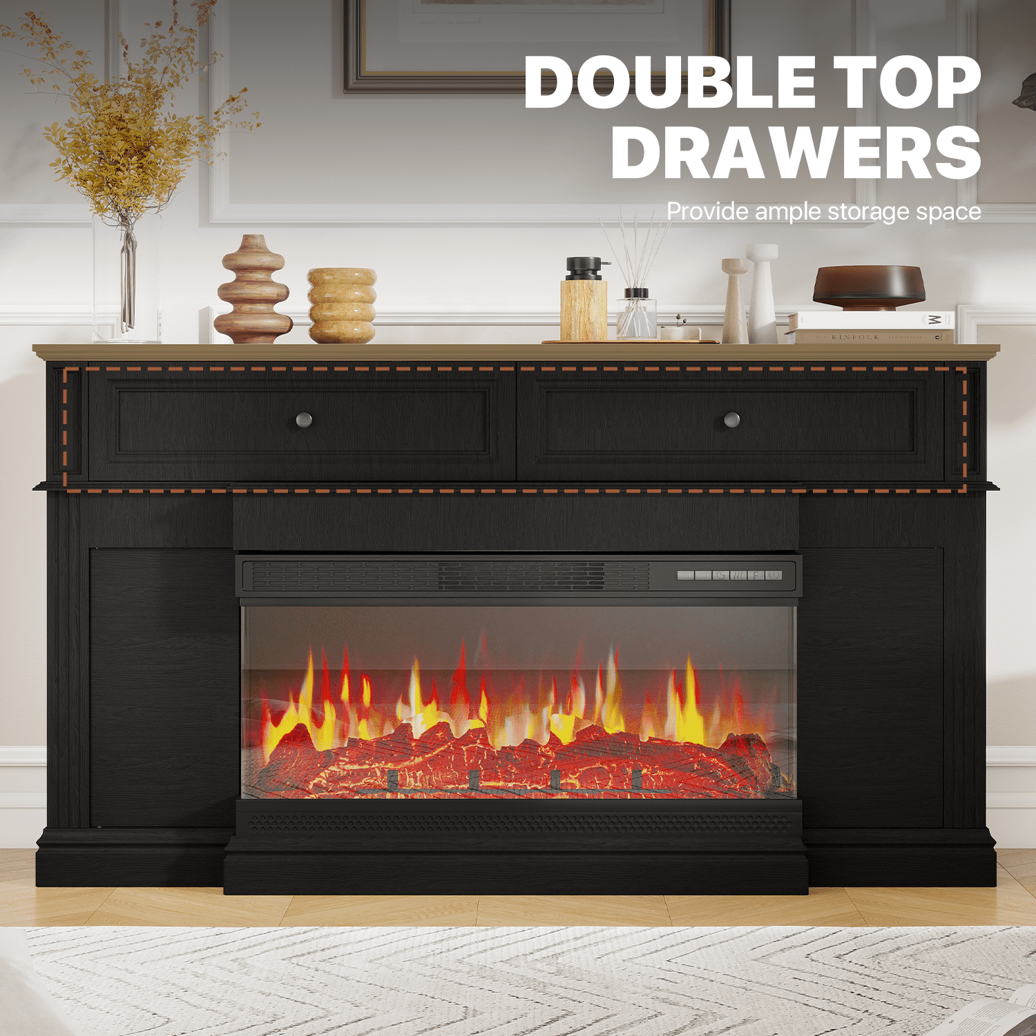 Sonegra Fireplace TV Stand for TVs up to 70" with 36" Fireplace, Farmhouse Entertainment Center with Fireplace, Wooden Media Console for Living Room, Black