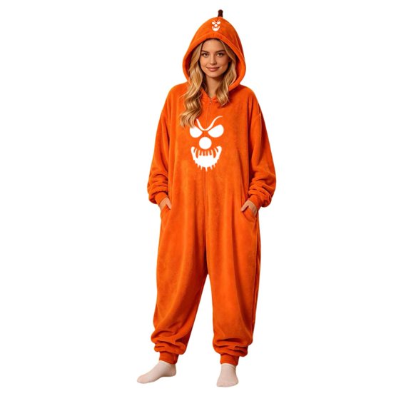 Curuila Halloween Adult Jumpsuit Hallowmas Pumpkin Hooded Flannel Pajamas For Women And Men Party Comfort Sleepwear Jumpsuit Size L