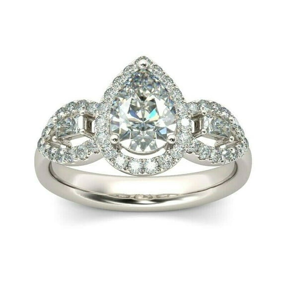 HeartsAndYou 3ct Pear Cut Moissanite Stylish Halo Engagement Ring for Women 18k White Gold over Silver