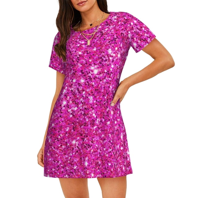Fotbe Rose Red Glitter Bata de Dormir para Mujer con Estampado, Camisón de Algodón de Manga Corta, Ropa de Dormir Casual