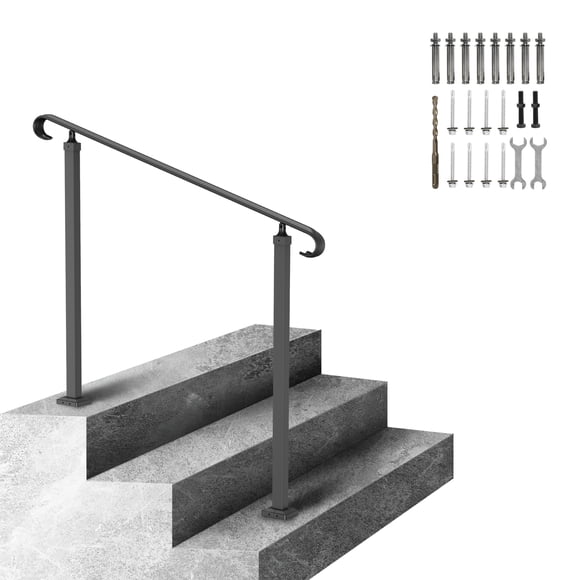 KFFKFF Outdoor Stair Handrails, Suitable for 1-3 Steps, Made of Wrought Iron, Adjustable Front Deck Hand Rail, Black Transitional Style Hand Railings for Concrete Steps or Wooden Stairs