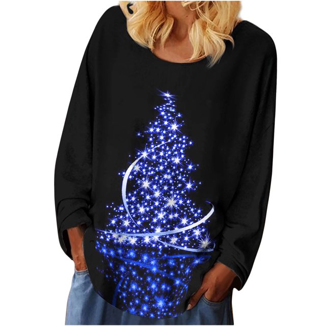 Camisas casuales de manga larga para mujer, suéter, túnica suelta, blusa con cuello redondo y estampado de árbol de Navidad Fridja fhghd1761
