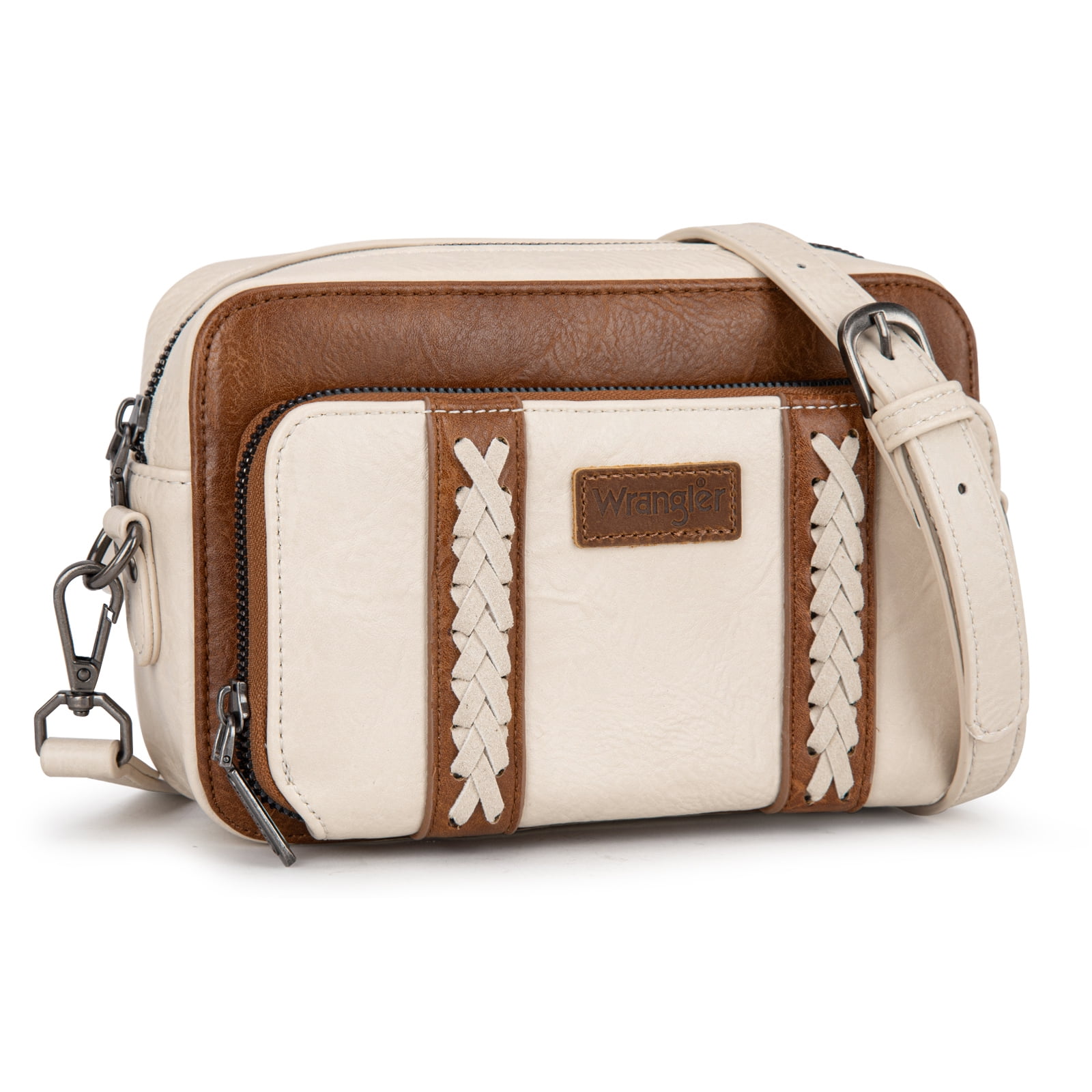 Wrangler Crossbody Bag for Women Vegan Leather Western Shoulder Purse Small Multi Pocket Crossbody Wallet Purse Crossover Bags with Adjustable Strap, Begie