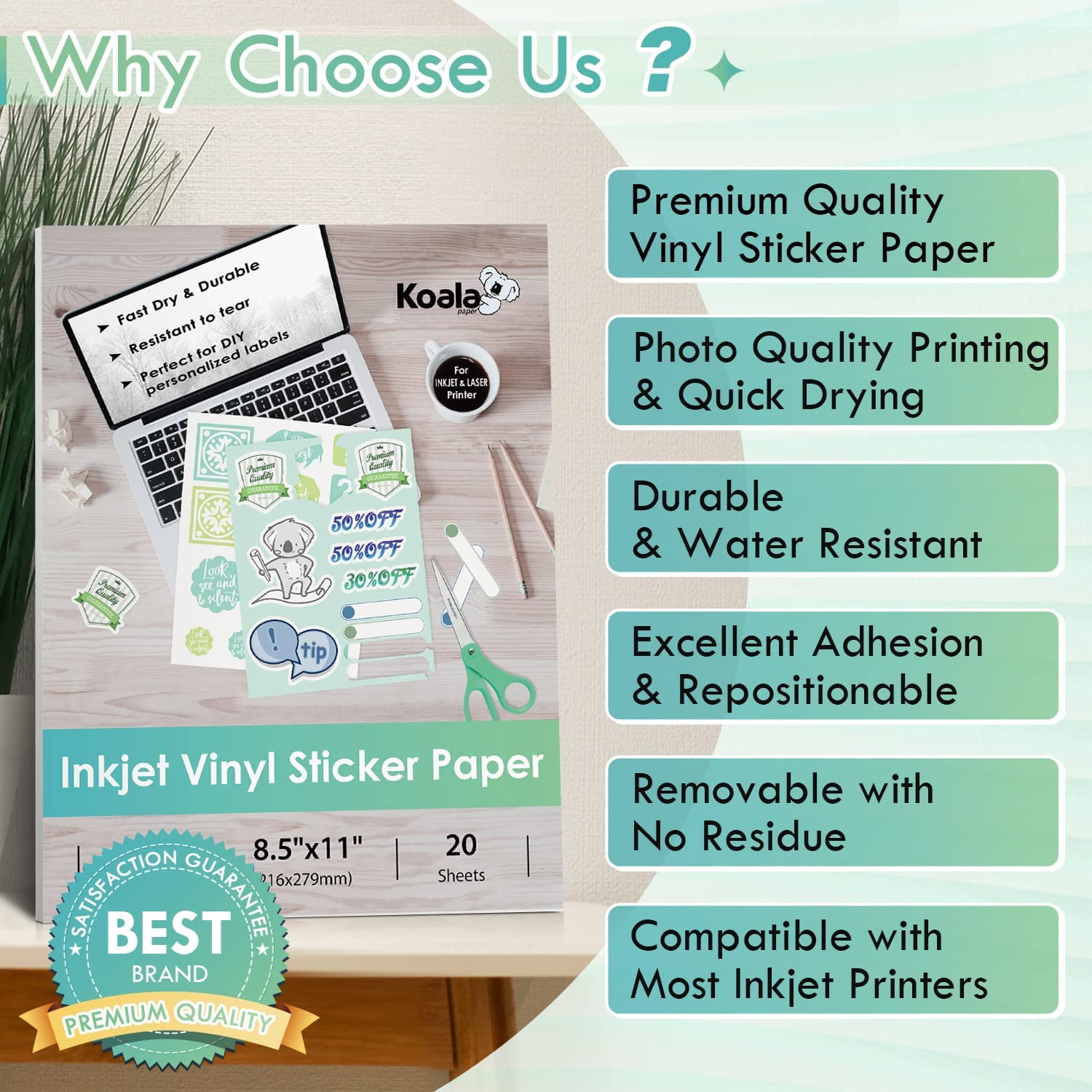 Koala Printable Vinyl Sticker Paper for Inkjet, 100 Sheets, Waterproof Sticker Paper 8.5x11 Matte White, Cutable