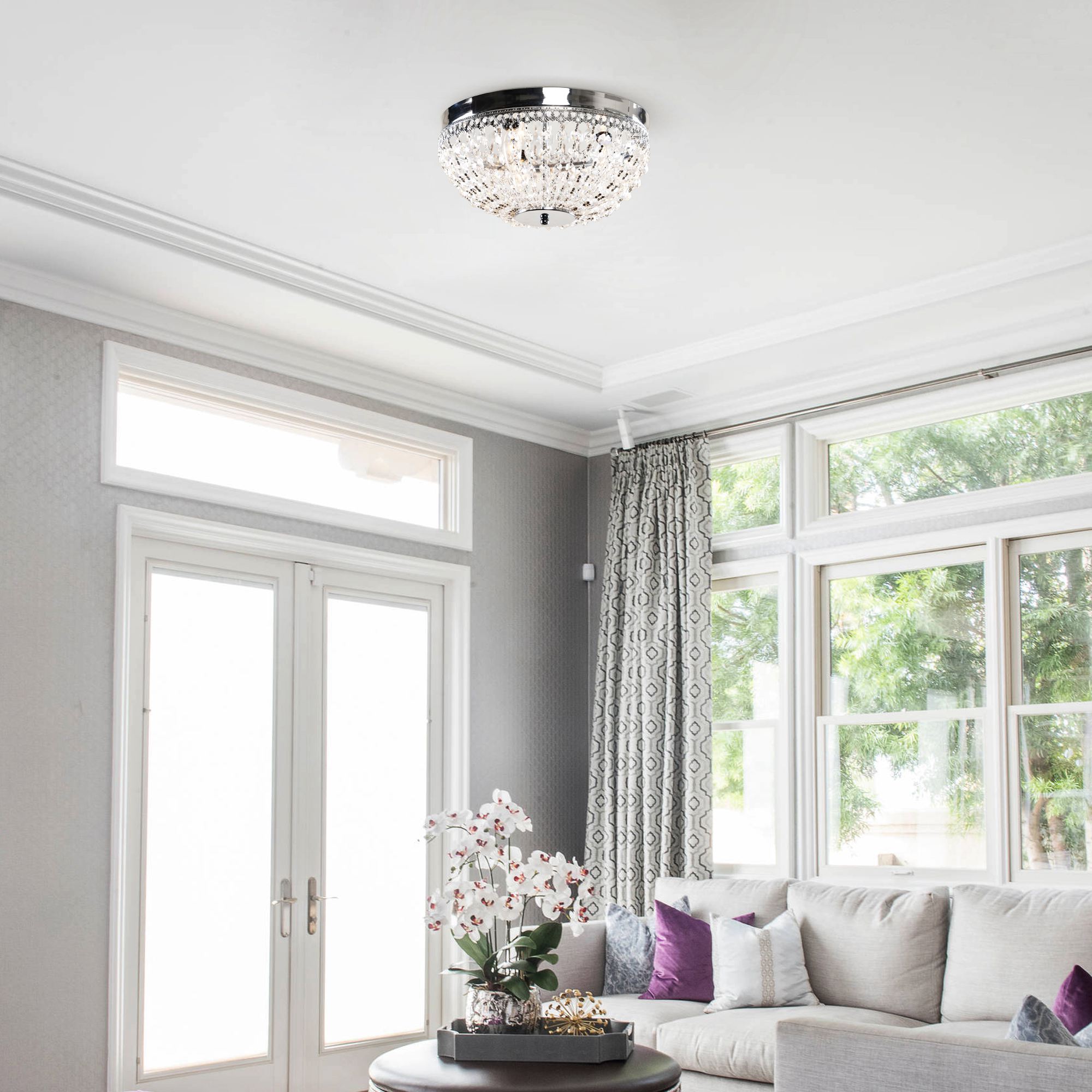 Modern Chandelier Ceiling Light Fixture Crystal Flush Mount Chandelier Lighting Ceiling Lamp, 14 Inch, Chrome