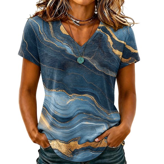 Sewkxo Womens Summer Tops Short Sleeve Casual Shirts Floral Tee Trendy 2026 Basics V Neck Plain Tshirt,Navy M