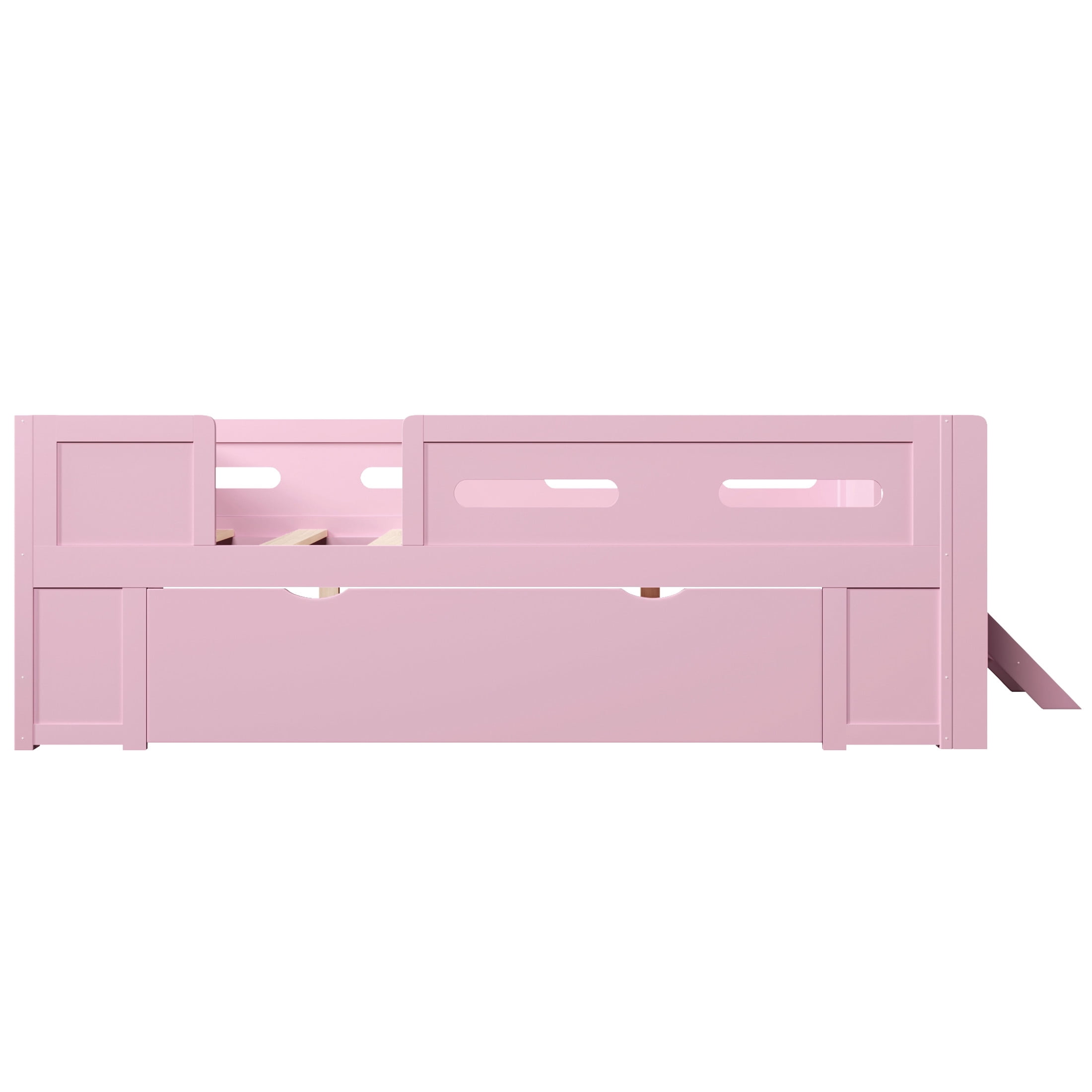 Noble House Genrix Full Size Pine Wood Platform Bed with Guardrail and Storage Drawer, Kids Bed Frame, Pink