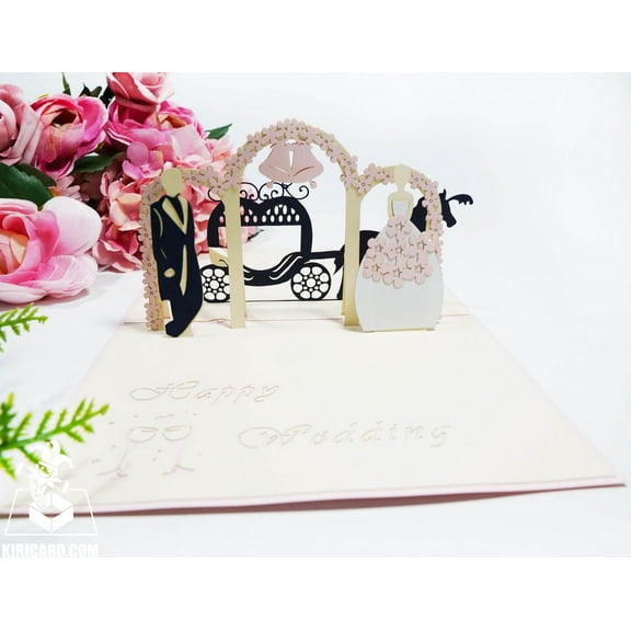 Wedding Day Pop Up Card – 3D Bride & Groom with Wedding Carriage – Handmade Wedding Greeting Card, Anniversary Card, Engagement Gift – Includes Envelope