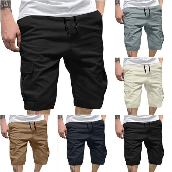 Bixock Men's Hiking Cargo Shorts Solid Color Pocket Elastic Waist Straight Leg 5 Inch Wide Leg Pants Sports Casual Shorts