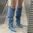 thumbnail image 2 of Women Washed Denim Boots Pointed Toe Slip On Slouch Boots Stiletto Heel Knee High Boots, 2 of 9