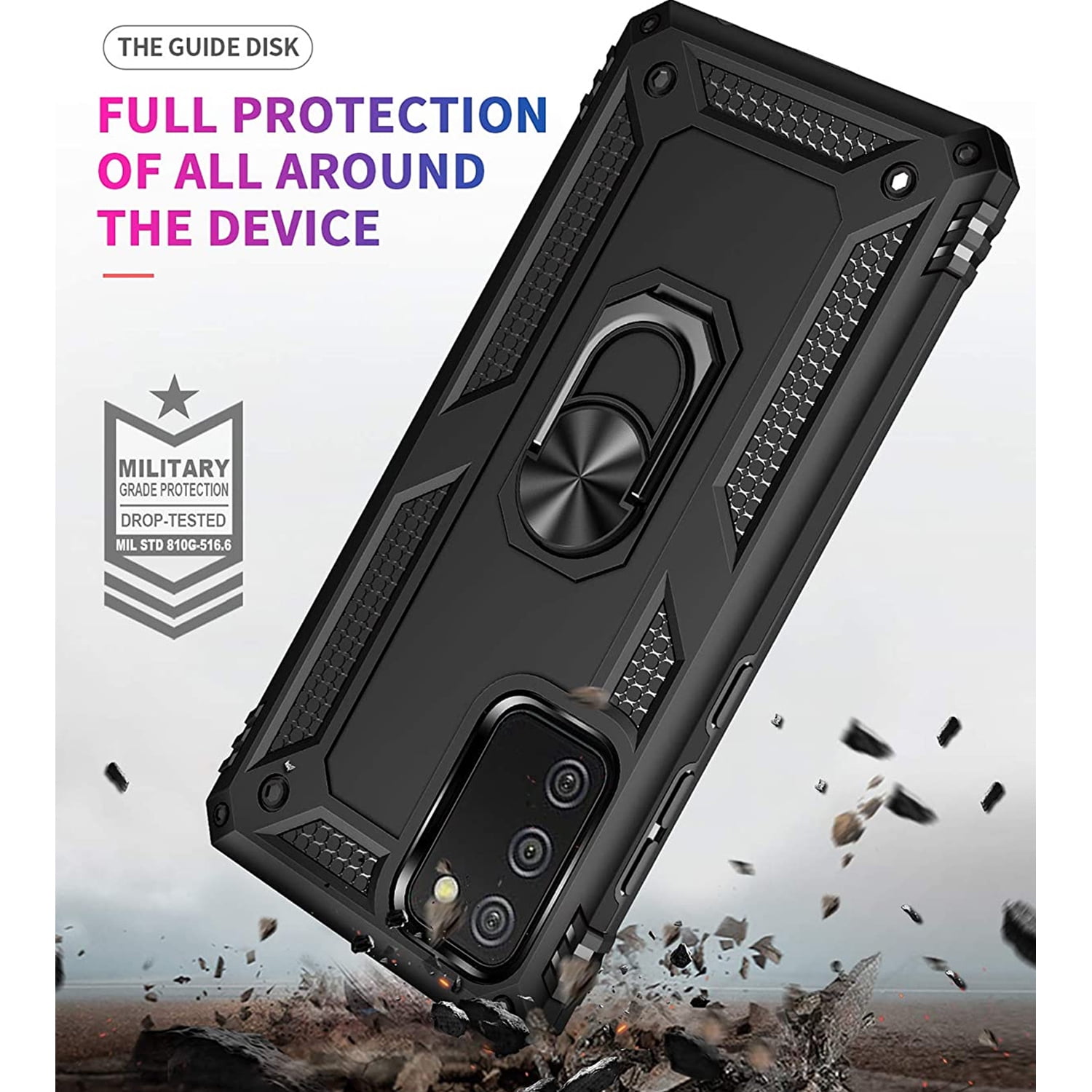TJS Phone Case for Samsung Galaxy A03S, with [Tempered Glass Screen Protector] Impact Resistant Metal Ring Magnetic Support Kickstand Drop Protector Cover (Black)