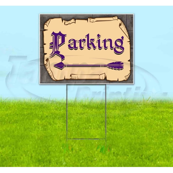 Medieval Fair Parking Left Arrow Purple Scroll (18" X 24") Yard Sign, Includes Metal Step Stake